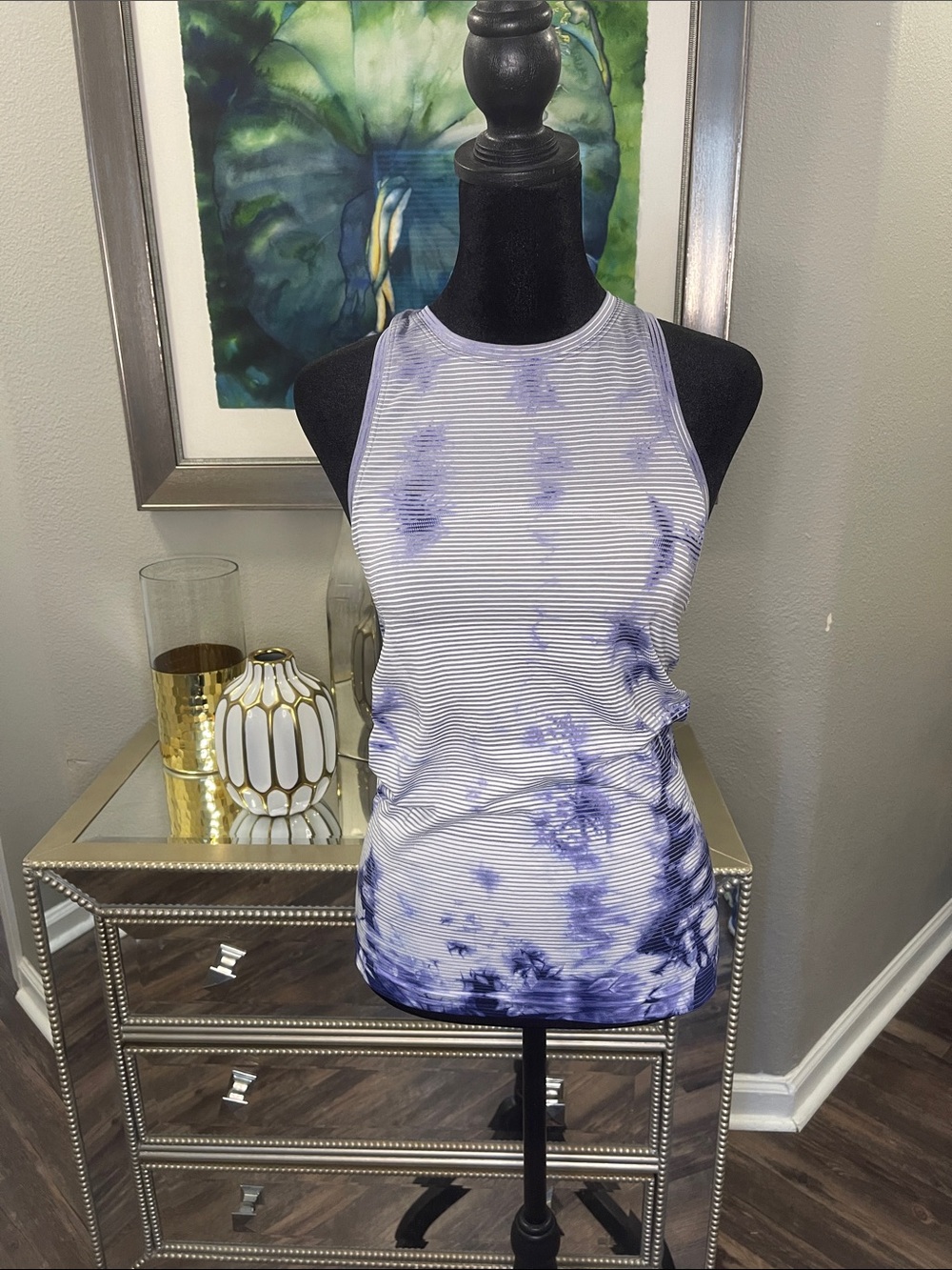 lululemon athletica Blue and White Tie-Dye Striped Tank Top